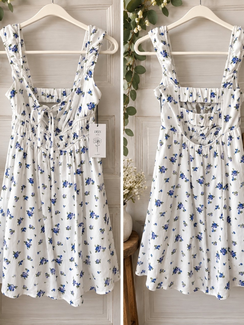 IRIS Floral Mini Dress White Blue Floral Tie Front Smocked NWT Small